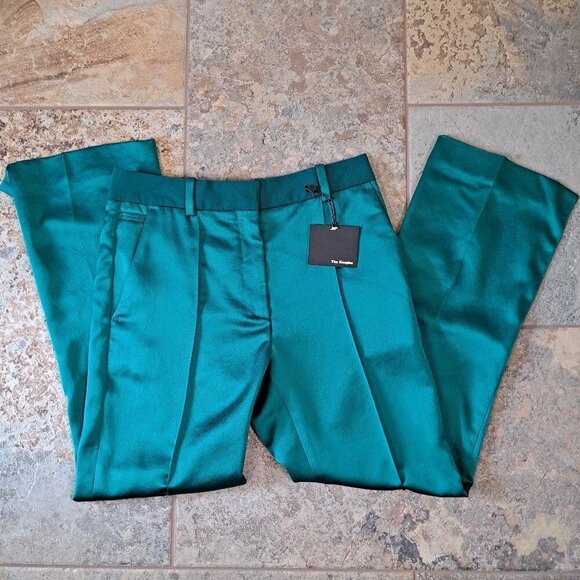 The Kooples Size XS Emerald Satin Cropped Pants Straight Leg Front Pockets NWT - Picture 2 of 15